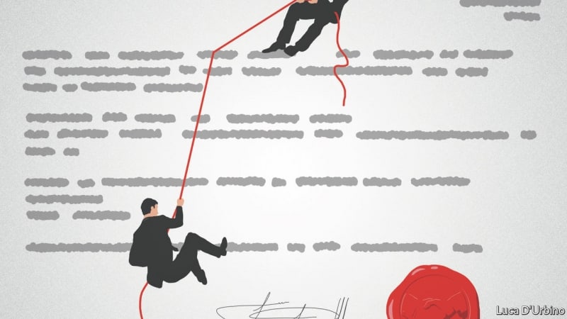 Illustration of Men Climbing Down Contract
